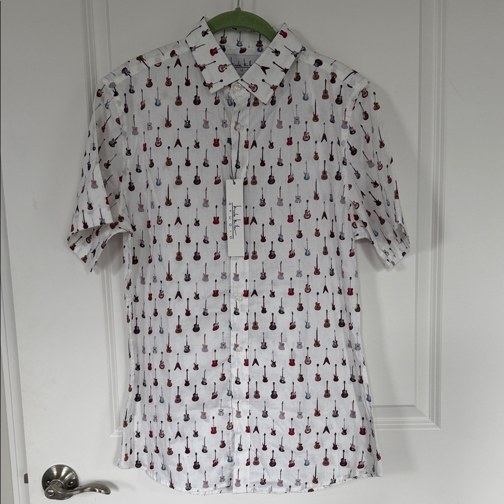 Nicole Miller White Shirt with Guitar Pattern